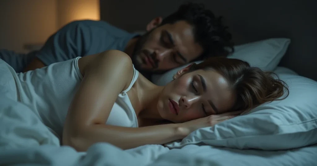 Um casal deitado dormindo. A mulher está na frente e o homem atrás.