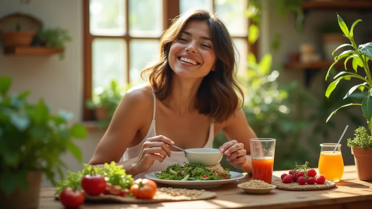 Uma mulher com cabelos castanhos pelos ombros sorrindo diante de uma mesa com frutas, suo e saladas.