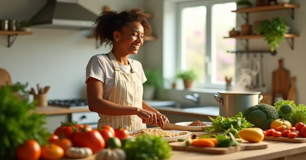 Uma mulher sorrindo enquanto manipula frutas e vegetais sobre uma mesa cheia de hortaliças ao lado de um caldeirão de alumínios saindo vapor.