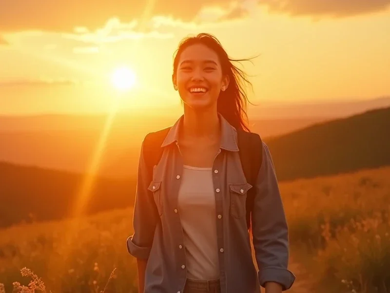 uma mulher sorridente, vestindo camiseta branca, com uma camisa jeans aberta e uma mochila. Atrás dela, montanhas desfocadas e o por do Sol.