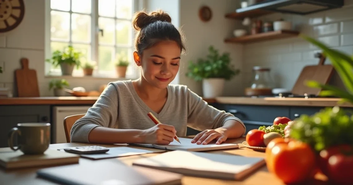 Uma mulher escrevendo num caderno que está sobre uma mesa com alguns legumes, papeis desorganizados e uma xícara. No fundo uma cozinha desfocada.