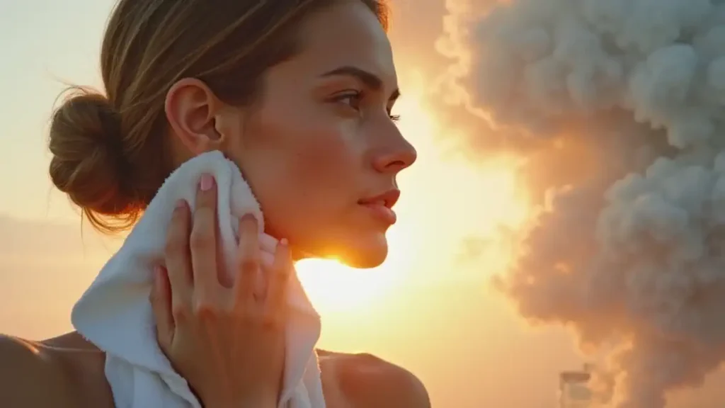 Mulher jovem, de perfil, limpa o rosto com uma toalha branca ao pôr do sol. Seu rosto é iluminado pela luz dourada. Atrás dela, uma grande nuvem de poluição se espalha no céu.