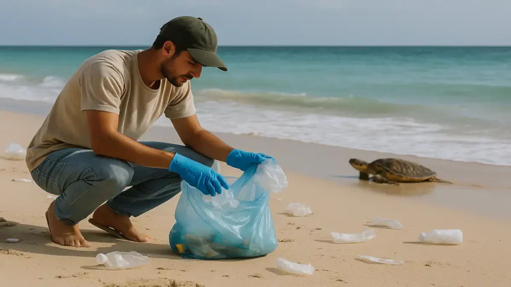Fotografia mostra um jovem de pele clara, usando camiseta bege, calça jeans e luvas azuis, agachado na areia de uma praia enquanto recolhe garrafas plásticas e outros resíduos em um saco azul. Ao fundo, uma tartaruga marinha se aproxima do mar, com ondas calmas tocando suavemente a costa. A cena transmite uma mensagem de cuidado ambiental e preservação da vida marinha.