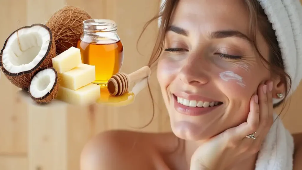 uma mulher jovem de pele clara e aparência saudável, com os olhos fechados e um sorriso relaxado no rosto. Ela usa uma toalha enrolada na cabeça, como se tivesse acabado de sair do banho, e apoia o rosto suavemente na mão direita. Sobre sua bochecha esquerda há uma pequena quantidade de creme branco, aplicada em forma de espiral. No lado esquerdo da imagem, há uma montagem de ingredientes naturais em destaque: um coco partido ao meio mostrando sua polpa branca, pedaços de manteiga vegetal (possivelmente manteiga de karité), um pote de vidro com mel dourado e uma colher de pau usada para mel. O fundo é de madeira clara, transmitindo uma sensação de aconchego e naturalidade.