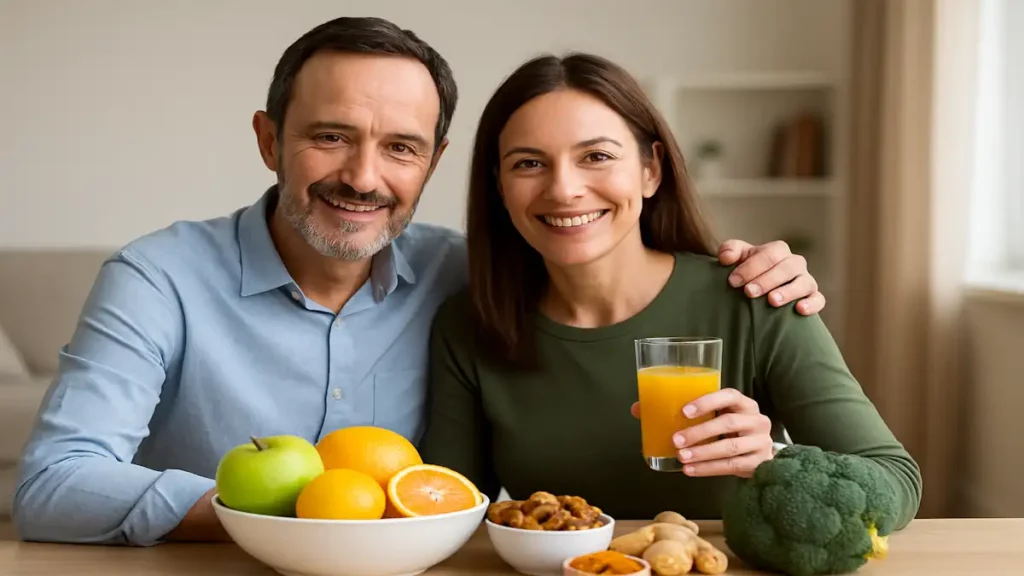 Casal feliz fortalecendo o sistema imunológico naturalmente com frutas cítricas, vegetais frescos e suco de laranja em ambiente iluminado.