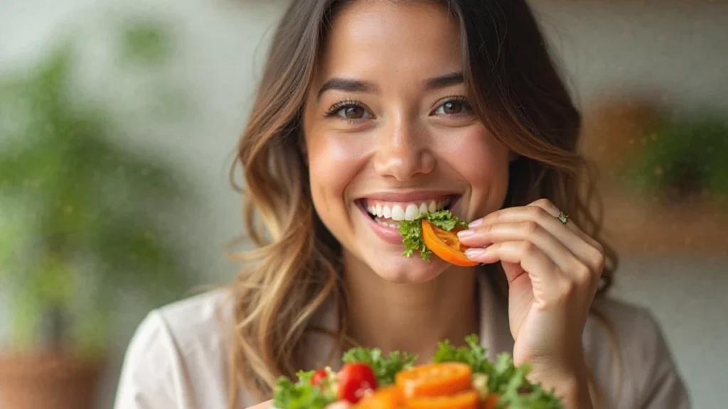Uma mulher de cabelos castanhos sorrindo enquanto levar um fruto à boba. À sua frente tem uma uma tigela com salada. O fundo é desfocado.