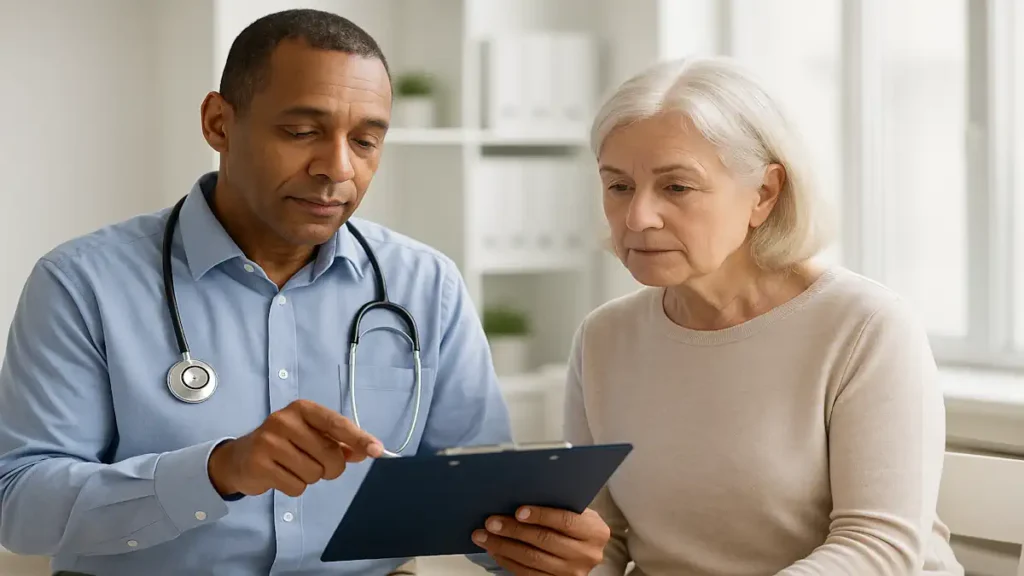 Médico atencioso explicando resultados de exames a uma paciente idosa em consultório moderno e bem iluminado, simbolizando o cuidado com a saúde preventiva.