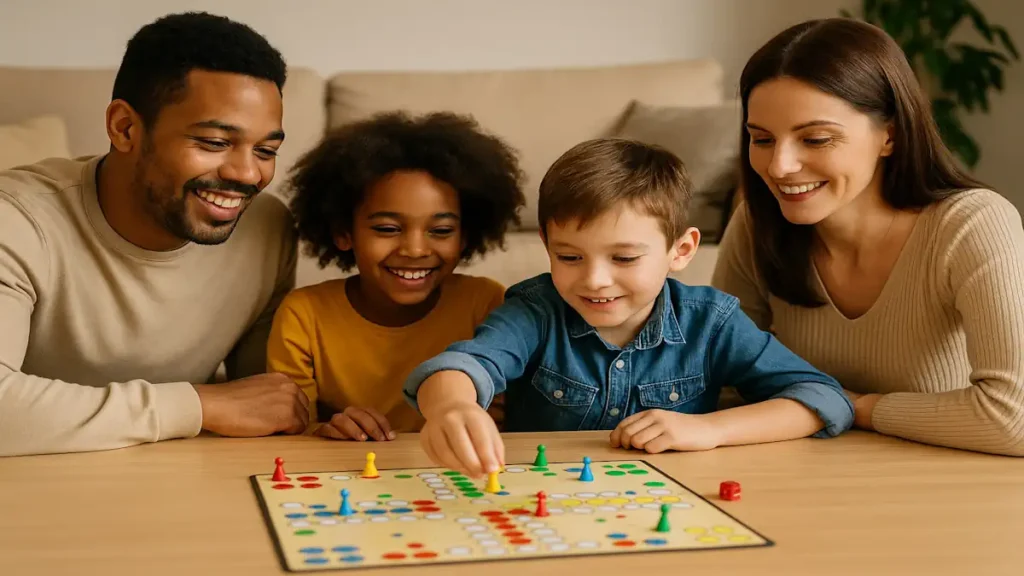 Uma família mista com quatro pessoas está reunida em uma sala aconchegante, sentada em torno de uma mesa de madeira clara, jogando um jogo de tabuleiro colorido. À esquerda, um homem negro com barba curta e suéter bege sorri enquanto observa a filha, uma menina negra de cabelos crespos e blusa amarela, que também sorri animada. Ao lado dela, um menino branco de cabelos castanhos e camisa jeans está concentrado, movendo uma peça amarela no tabuleiro. À direita, uma mulher branca de cabelos lisos castanhos e blusa de tricô clara observa com carinho. Todos estão próximos e visivelmente felizes, transmitindo união e alegria familiar.