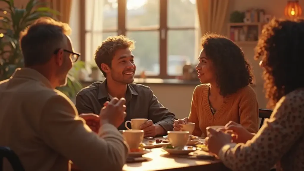 Um grupo de quatro pessoas sentadas ao redor de uma mesa em um ambiente acolhedor. A luz suave do final da tarde entra pelas janelas, iluminando o local. Duas pessoas estão sorrindo e conversando, enquanto outras duas estão parcialmente visíveis, com as mãos apoiadas na mesa. Cada pessoa tem uma xícara de café ou chá à frente, e a mesa está cheia de pratos com comida, provavelmente petiscos. O ambiente é bem decorado, com plantas e móveis simples e confortáveis ao fundo, criando uma atmosfera de convivência agradável e descontraída.