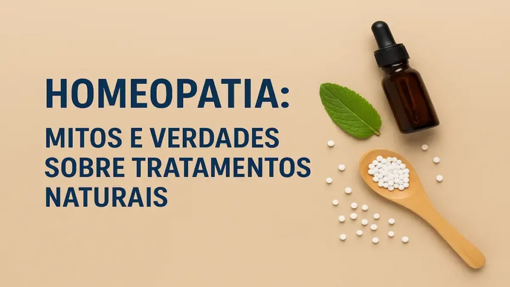 Frasco âmbar de homeopatia com tampa conta-gotas ao centro da imagem, ao lado de pequenas esferas brancas de glóbulos homeopáticos, algumas sobre uma colher e outras espalhadas sobre a mesa de forma casual. Uma folha de hortelã fresca decora a cena. O fundo está desfocado em tons claros e suaves. À esquerda, lê-se a frase: "Homeopatia: Mitos e verdades sobre tratamentos naturais."