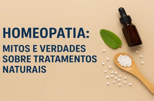 Frasco âmbar de homeopatia com tampa conta-gotas ao centro da imagem, ao lado de pequenas esferas brancas de glóbulos homeopáticos, algumas sobre uma colher e outras espalhadas sobre a mesa de forma casual. Uma folha de hortelã fresca decora a cena. O fundo está desfocado em tons claros e suaves. À esquerda, lê-se a frase: "Homeopatia: Mitos e verdades sobre tratamentos naturais."