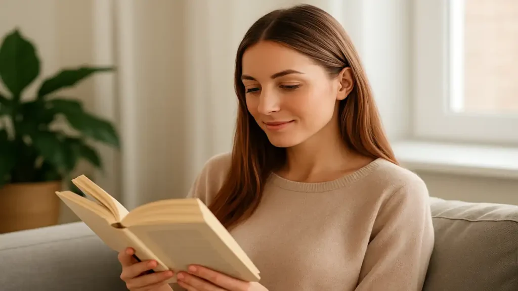 Mulher sentada em ambiente iluminado lendo um livro, representando o hábito da leitura diária como fator de bem-estar e qualidade de vida.