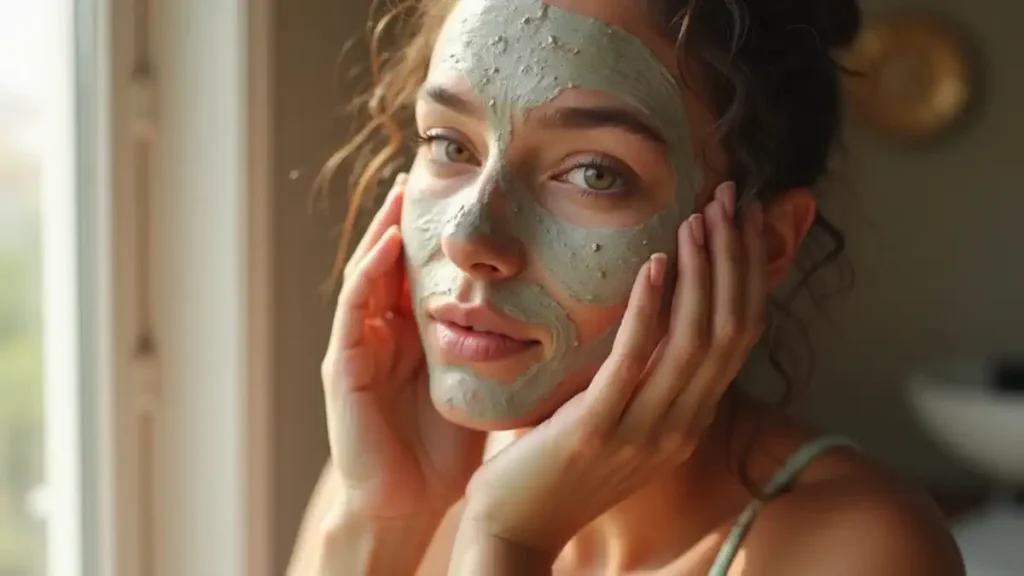 uma mulher jovem com pele clara e cabelos castanho-escuros, levemente cacheados e presos em um coque frouxo. Ela está usando uma máscara facial esverdeada, feita provavelmente de argila, que cobre seu rosto. A mulher olha para a câmera com um olhar suave e um leve sorriso, enquanto segura seu rosto com as mãos, demonstrando cuidado e delicadeza. A luz natural suave entra pela janela ao lado dela, criando uma atmosfera acolhedora e serena. A imagem transmite a ideia de um momento de autocuidado e bem-estar.