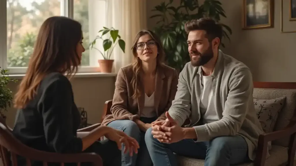 Um casal jovem composto por um jovem de barba curta e uma jovem de óculos, conversando com uma psicóloga. Eles estão numa sala ao lado de uma janela aberta que ilumina o local.