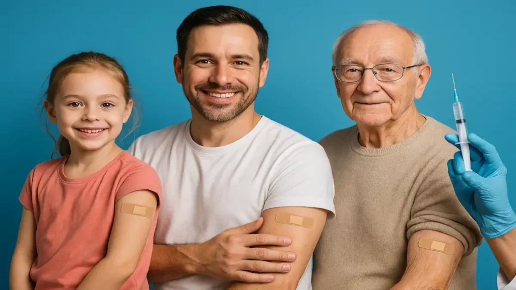 Foto horizontal e vibrante com fundo azul, mostrando três gerações de uma mesma família — uma criança, um homem adulto e um idoso — todos sorrindo após receberem uma vacina. À esquerda, uma menina de cerca de 6 anos, de cabelo claro preso e camiseta cor de salmão, sorri com um pequeno curativo bege no braço esquerdo. No centro, um homem adulto de aproximadamente 35 anos, com barba curta e camiseta branca, exibe o mesmo curativo no braço direito, demonstrando orgulho e bem-estar. À direita, um senhor idoso de óculos e suéter bege claro também exibe o curativo no braço. Uma mão enluvada de azul segura uma seringa ao lado do idoso, sugerindo o momento da vacinação. A imagem transmite proteção, cuidado intergeracional e confiança na imunização.